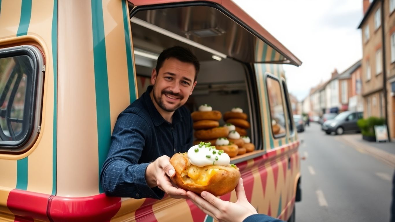 Baked potato van serving delicious loaded potatoes.