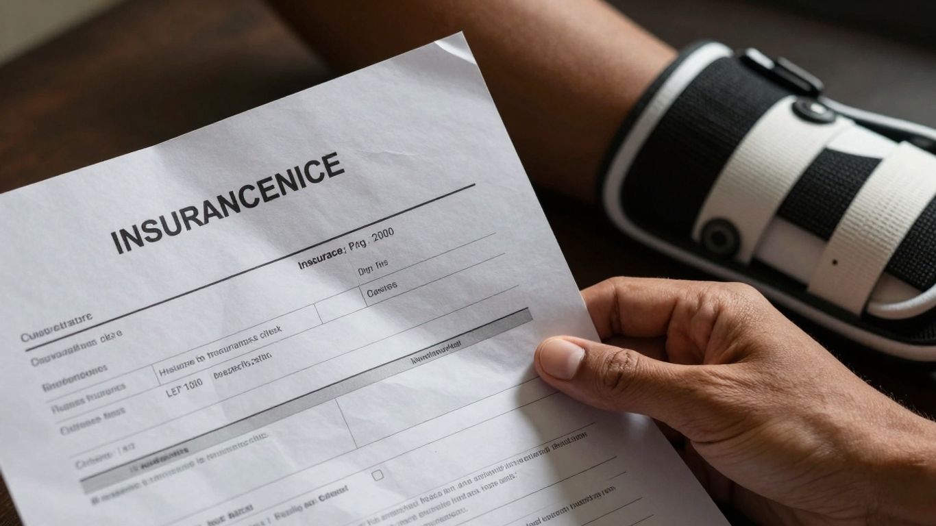 Hand holding crumpled health insurance claim form with brace.