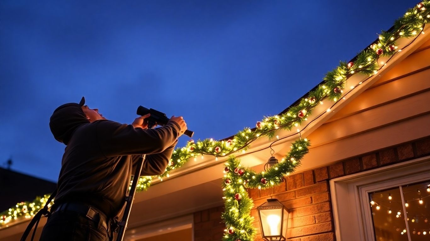 Professional Christmas light installation on a house.