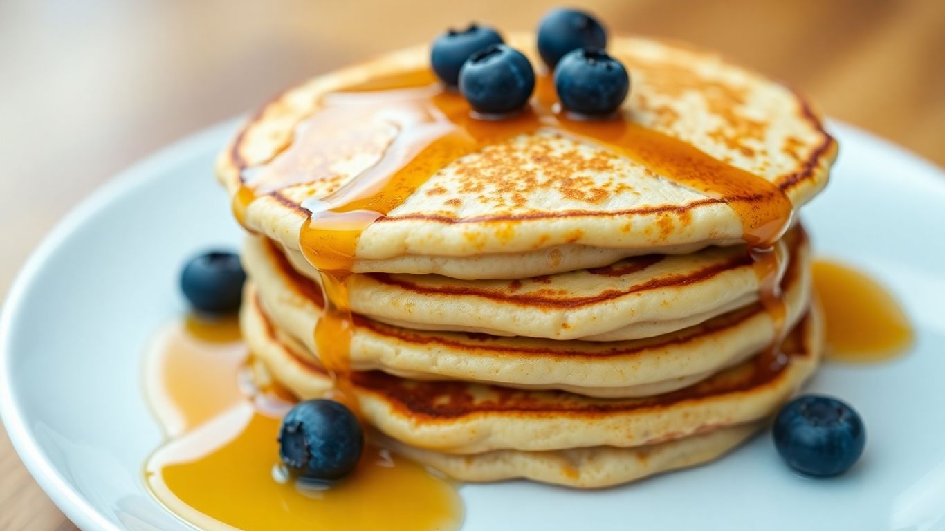 Stack of protein pancakes with syrup and blueberries