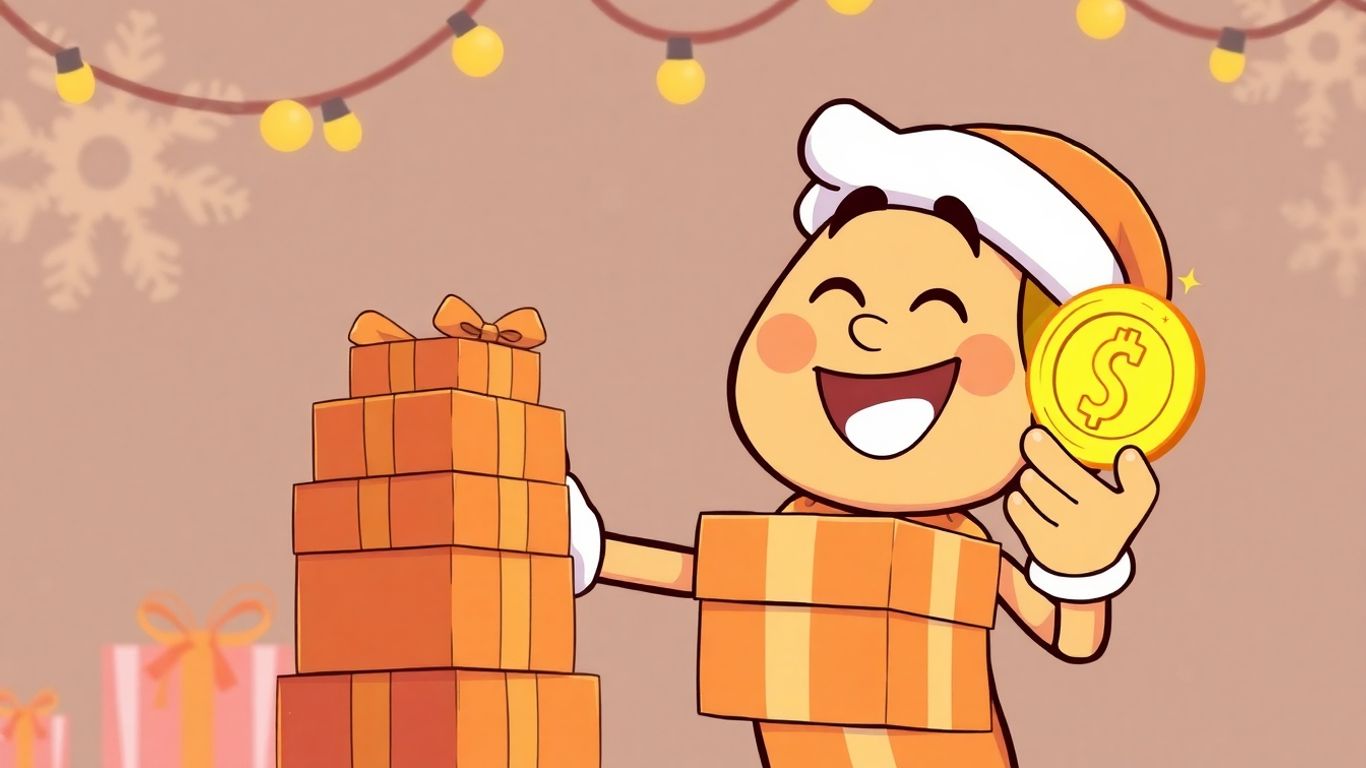 Cartoon character with holiday gifts and money.