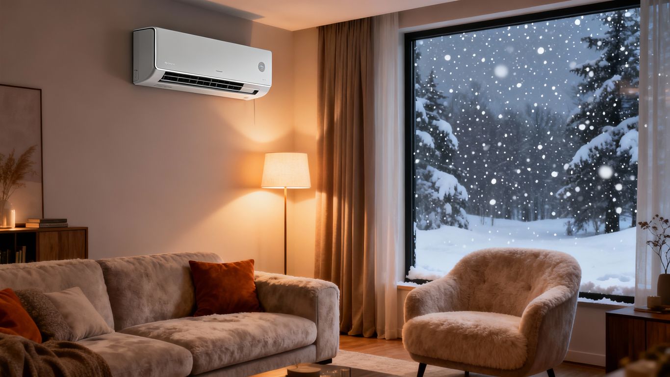 Cozy living room with new HVAC unit in winter.