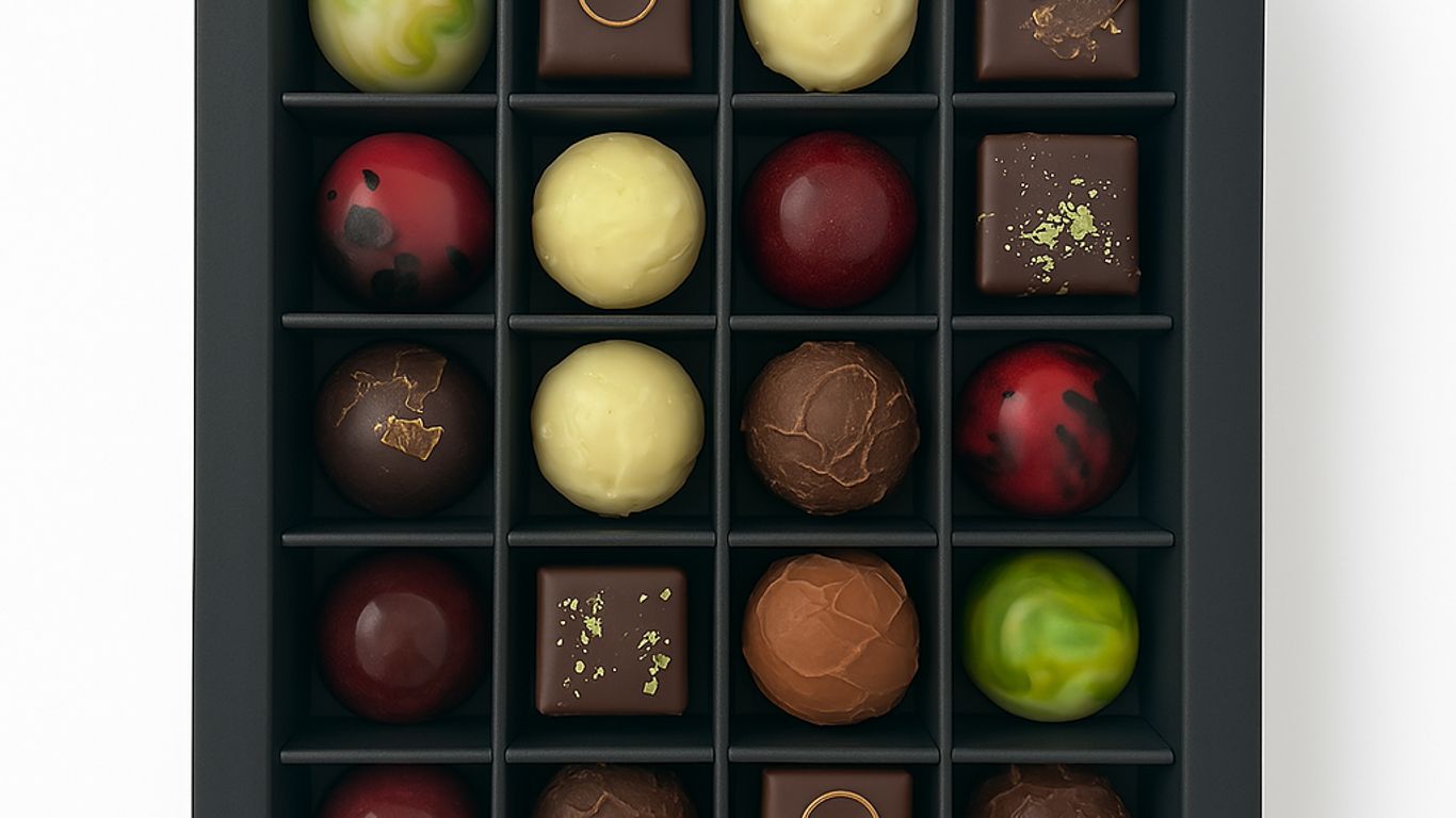 A box of assorted chocolates with different shapes and colors.