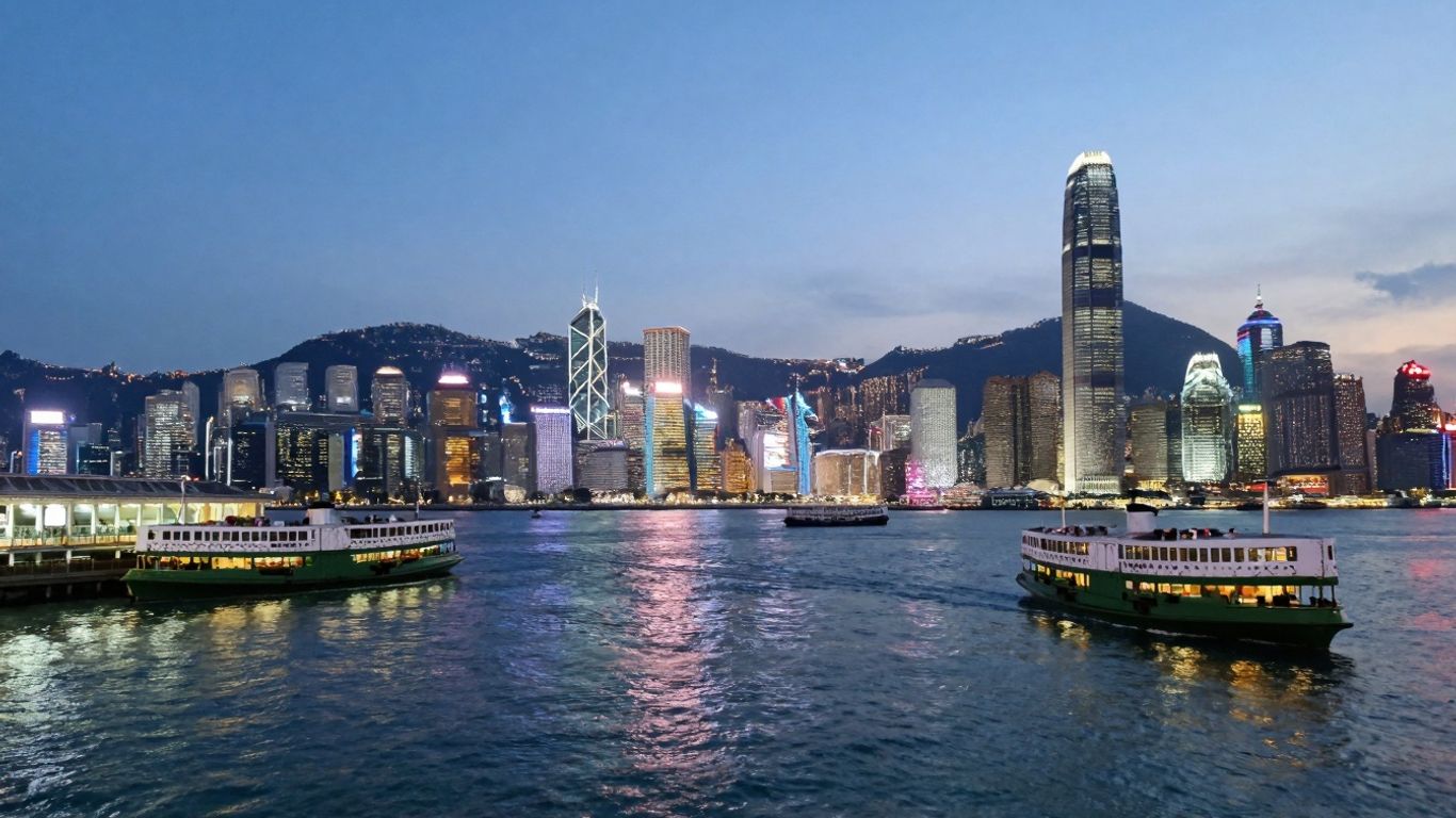 Hong Kong harbor with ferries and city skylines.
