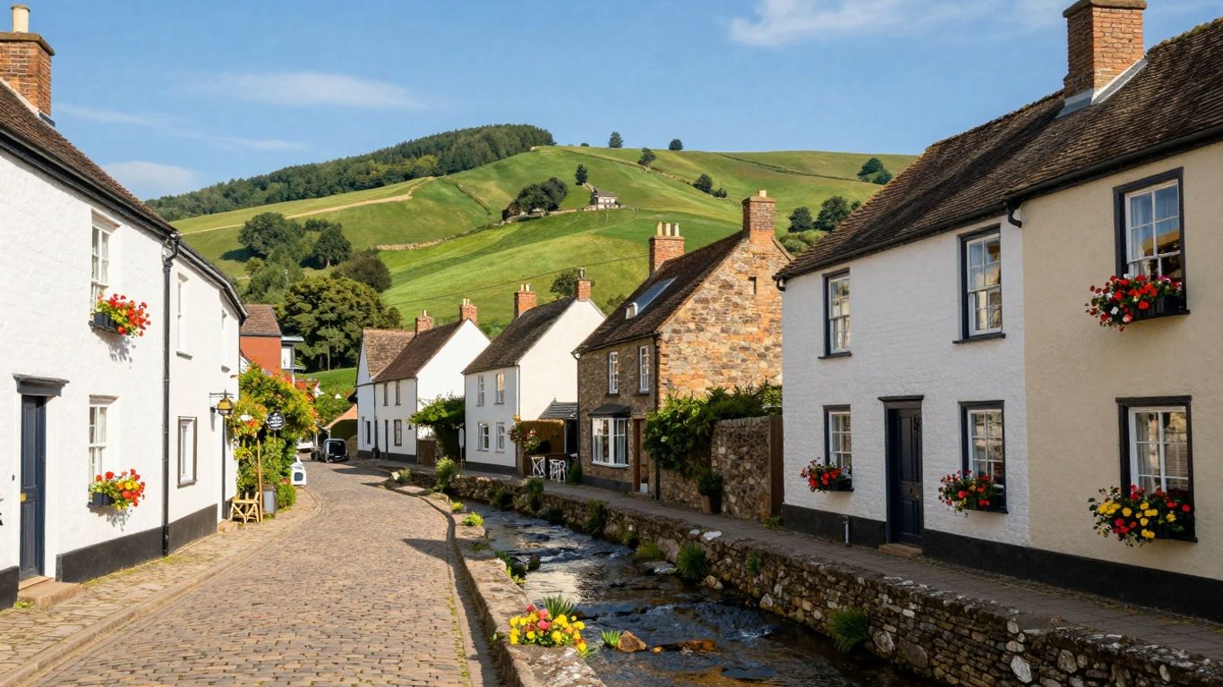 Schönes Dorf in grünen Hügeln mit traditionellen Häusern.