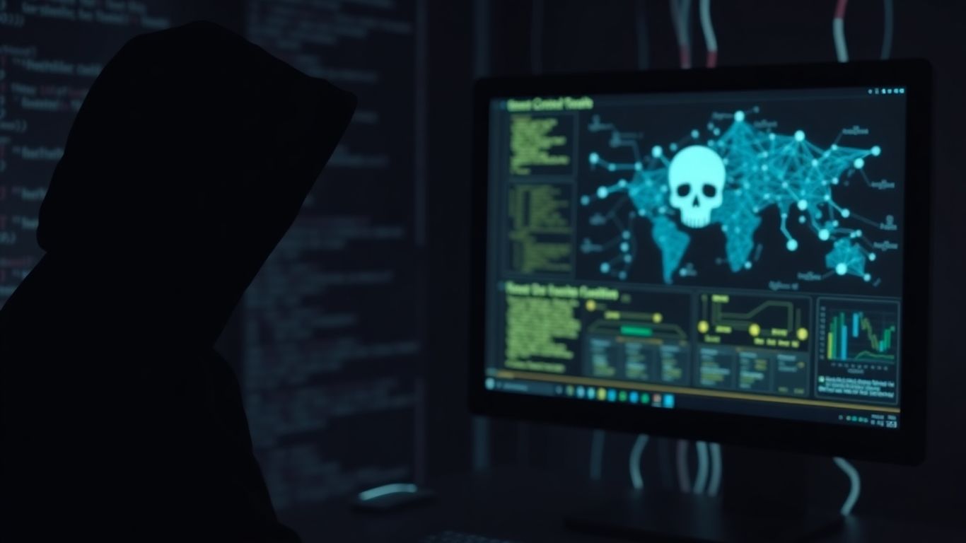 Forum dangereux, menace cybernétique, code informatique, icône crâne.