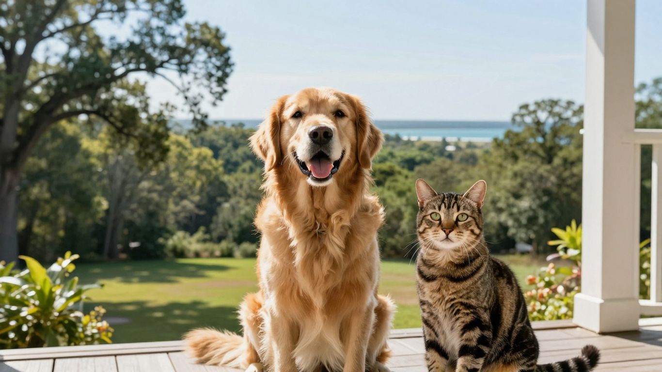 South Carolina pets on a porch with scenic background.