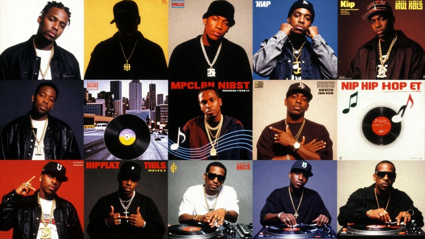 Hip-hop album art collage with global cityscape and music elements.