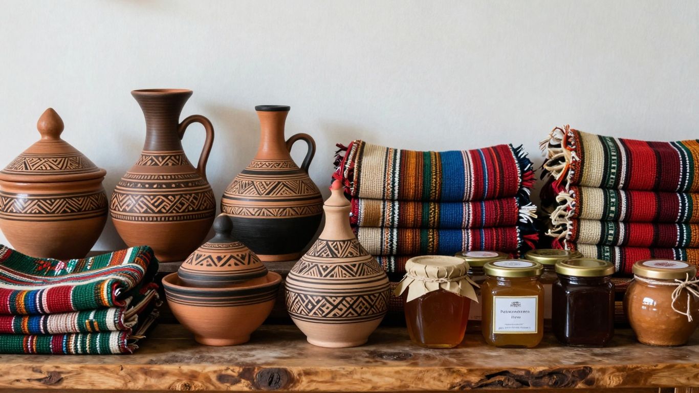 Produse locale artizanale pe o masă de lemn.