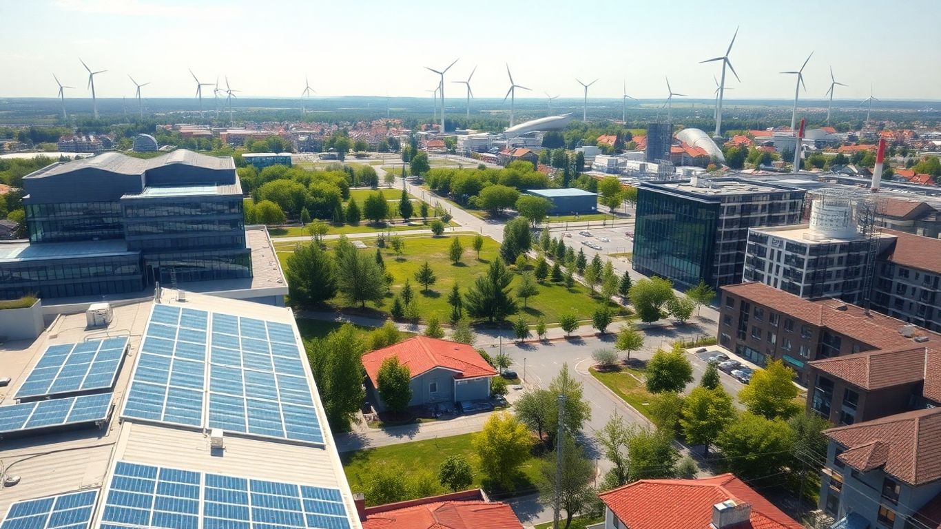 Clădiri moderne cu panouri solare și turbine eoliene în România