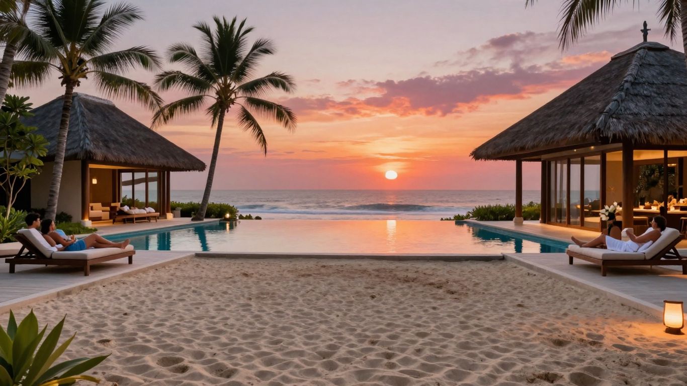 Luxury villa with infinity pool overlooking a Balinese beach at sunset.