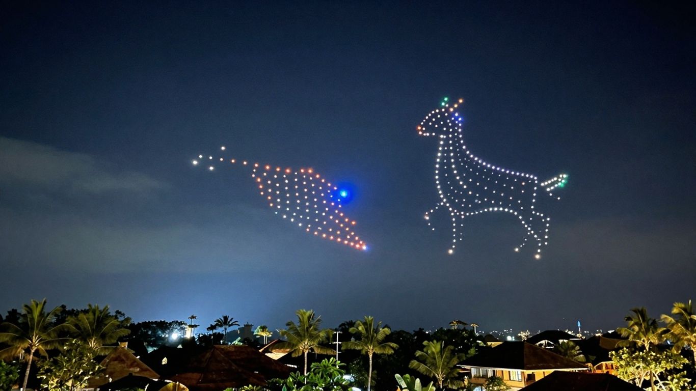 Dazzling drone show lights up Bali night sky.