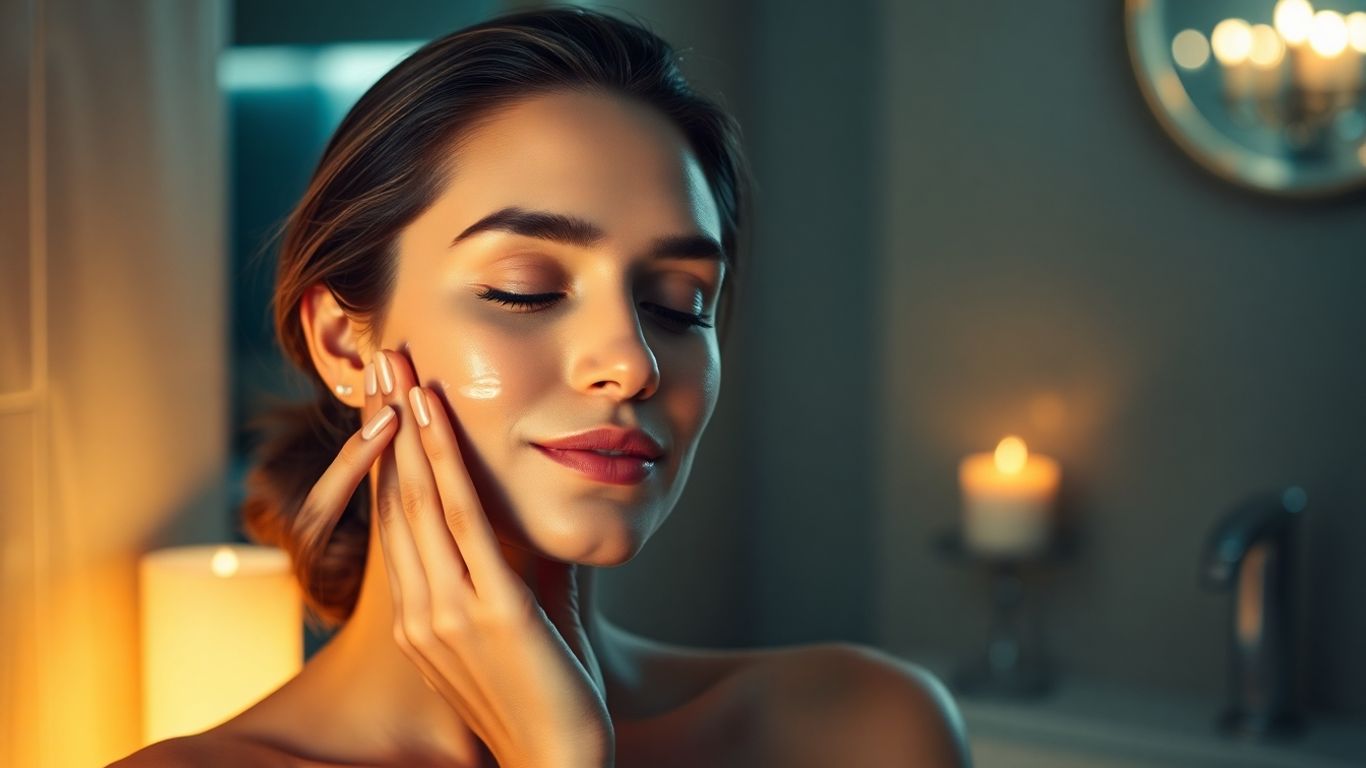 Woman applying face cream in a serene evening setting.