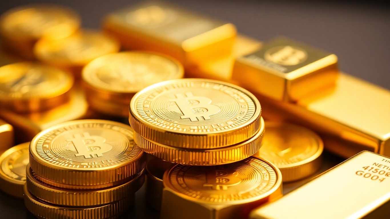 Gold coins and bars stacked