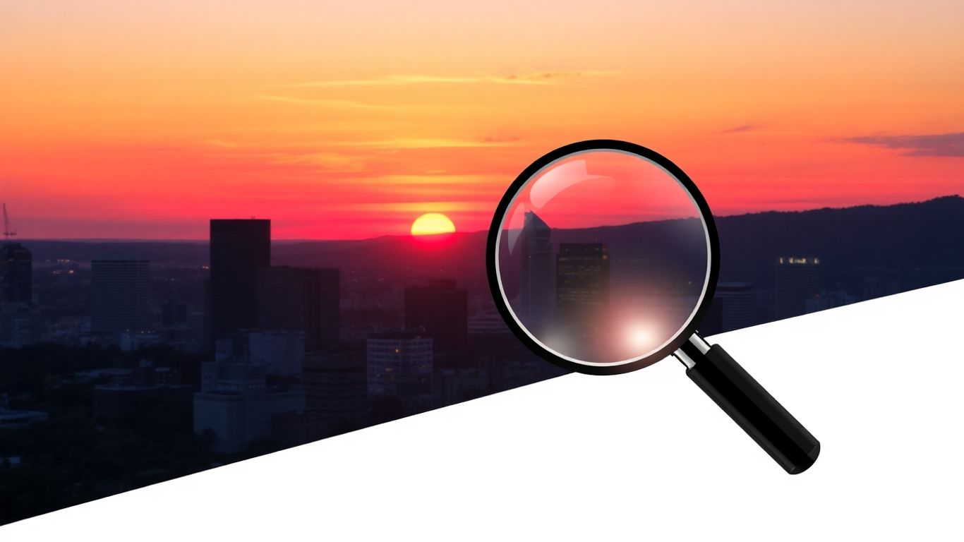 San Antonio skyline with a magnifying glass.