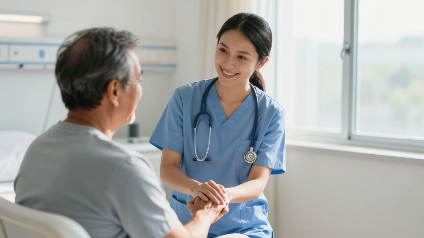 Nurse caring for a patient in a hospital room.