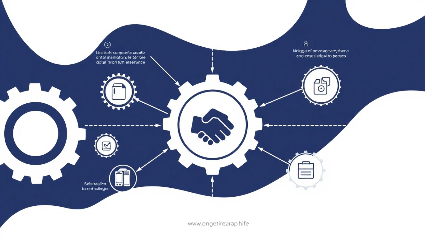 Infographic with gears, handshake, and digital icons.