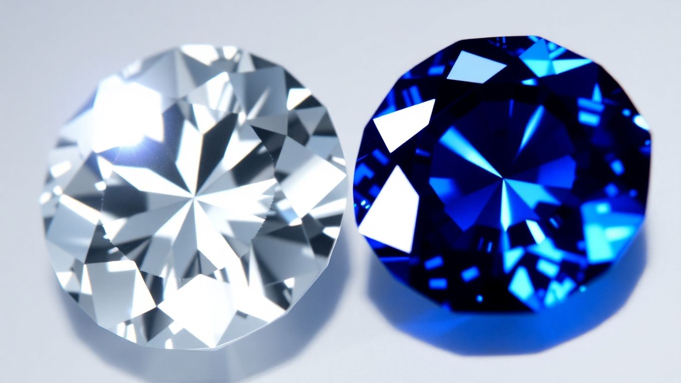 Moissanite and sapphire gemstones side-by-side, sparkling.
