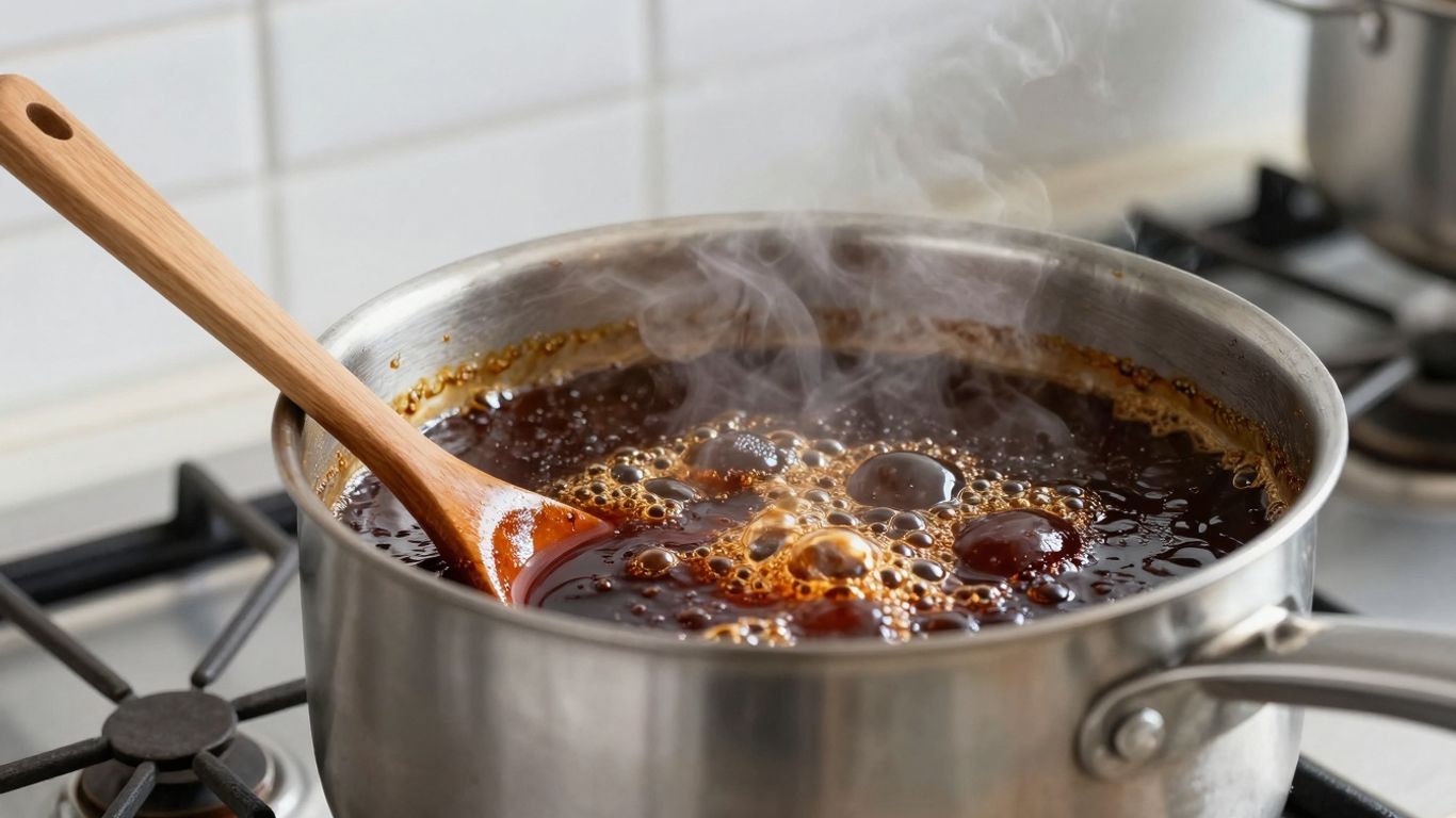Homemade BBQ sauce simmering in a pot.