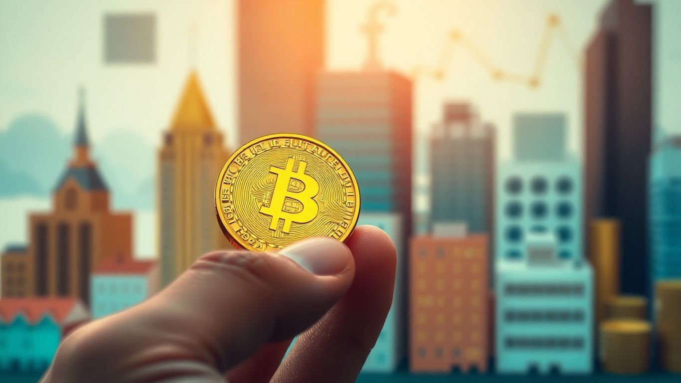 Golden coin held in hand, financial assets blurred background.