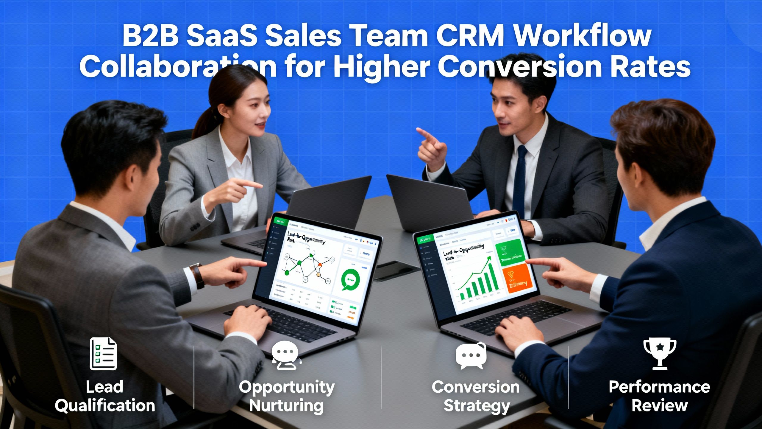 b2b saas sales team collaborating on crm workflow for higher conversion rates