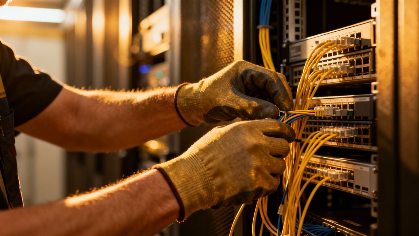 Network technician connecting cables in a server room.