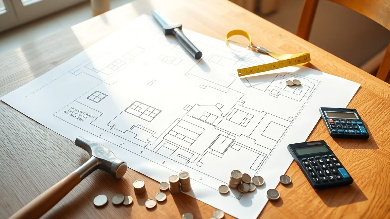 Plan de casă, unelte de construcție, bani și calculator.