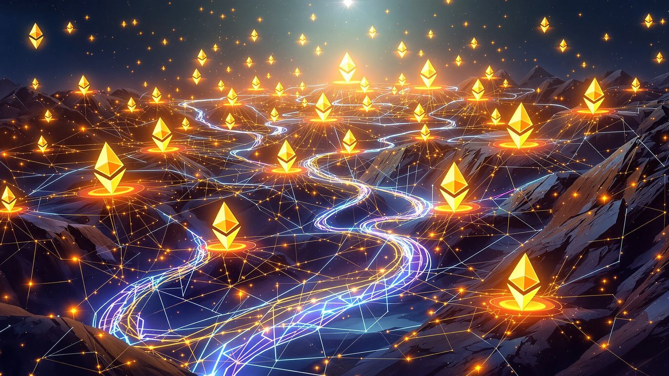 Ethereum logos and digital currency streams forming a stable foundation.