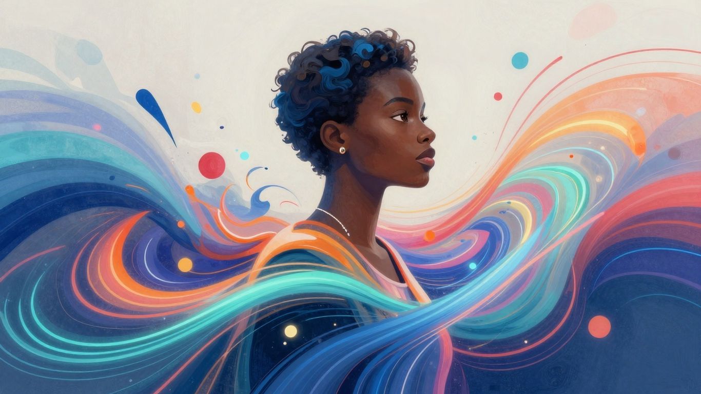 Abstract digital art with swirling colors and glowing lines.