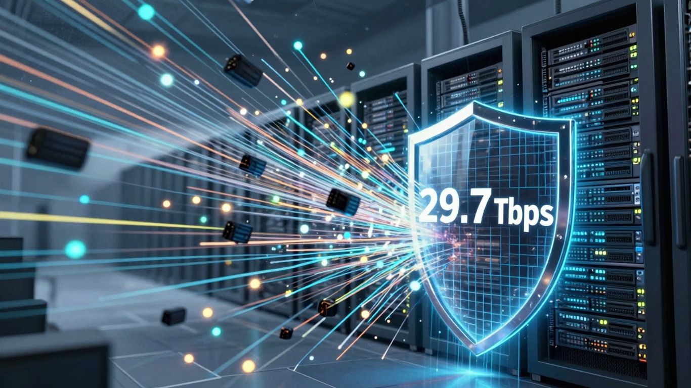 Massive data storm attacks server farm, blocked by digital shield.