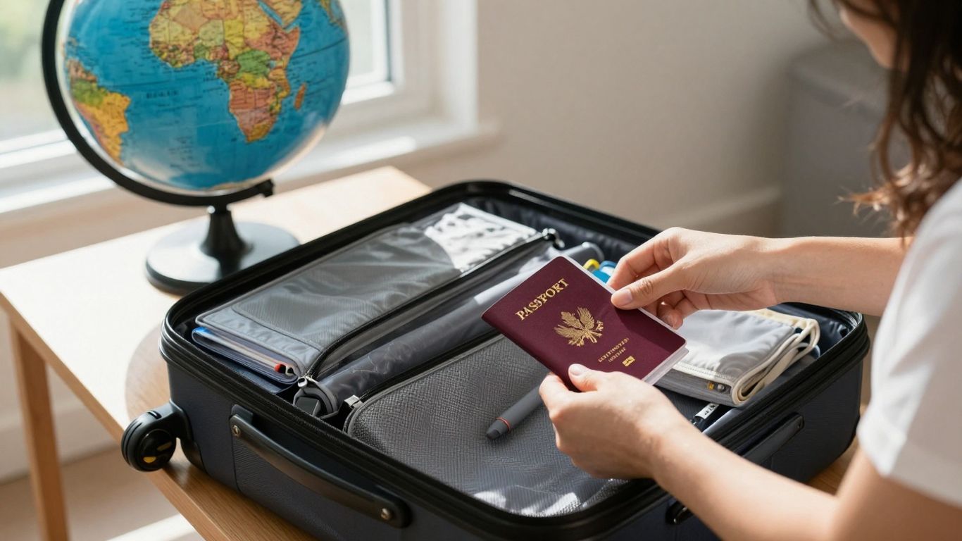Suitcase, passport, medical kit, and globe for travel insurance.