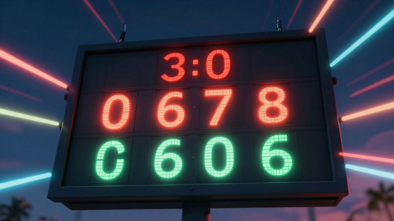 Scoreboard with glowing numbers and colorful streaks of light.