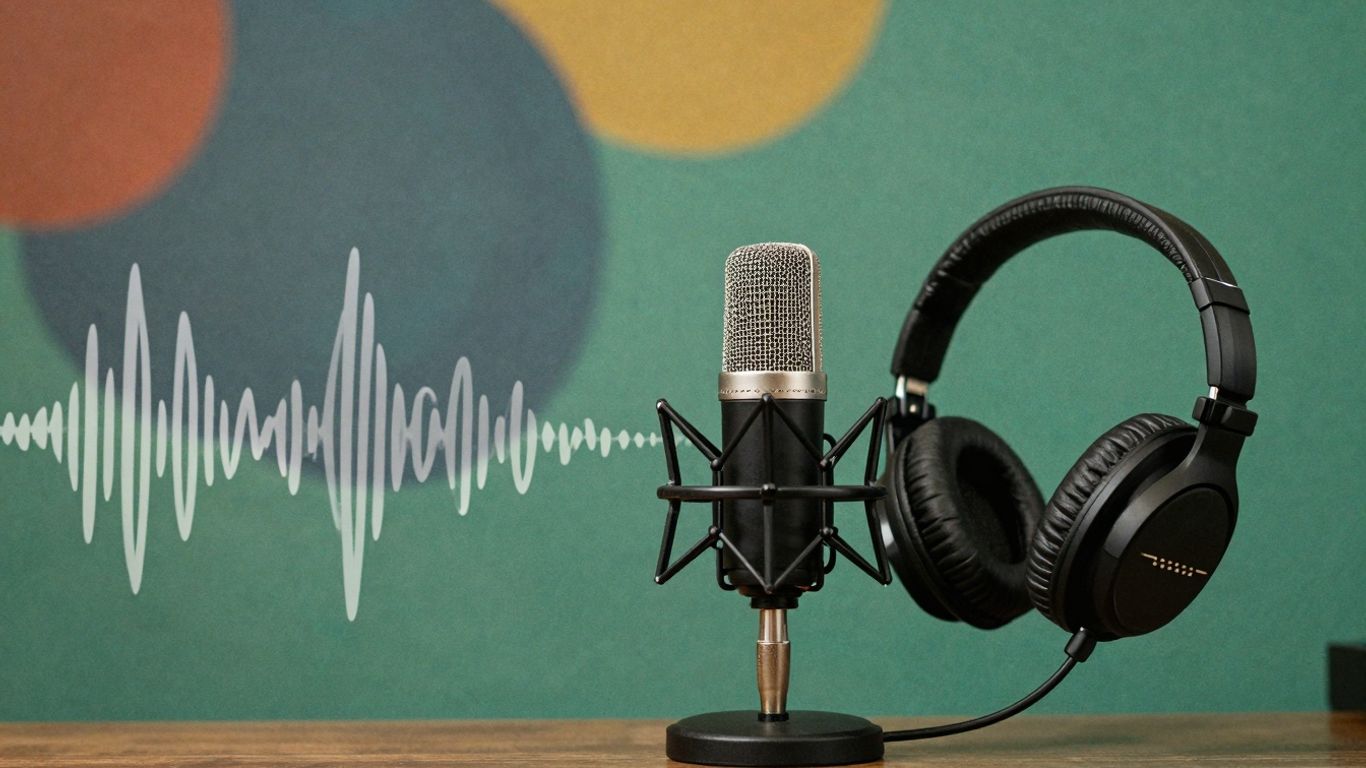 Podcast creation with microphone and headphones.