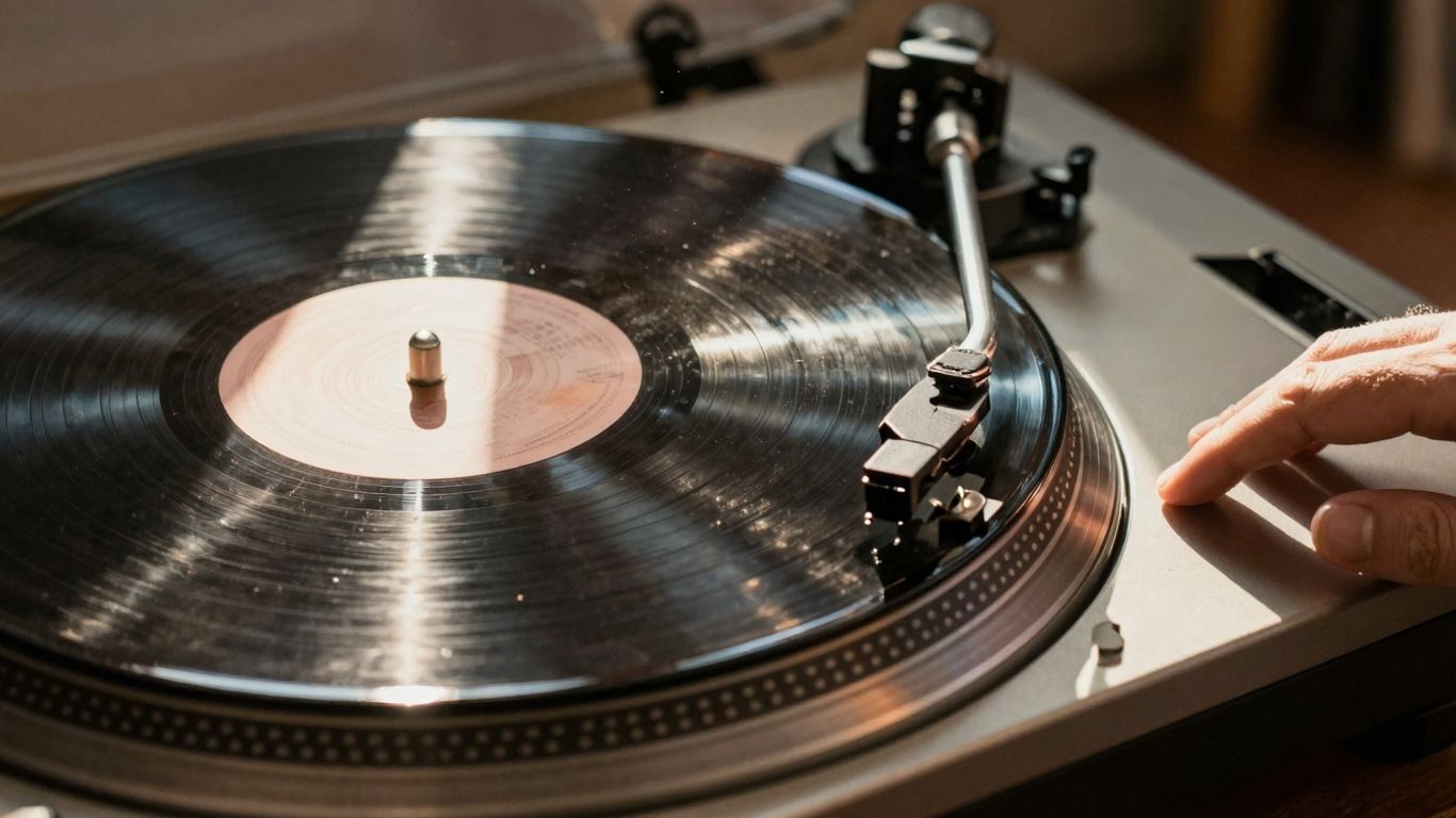 Record player with spinning vinyl and sunlight.