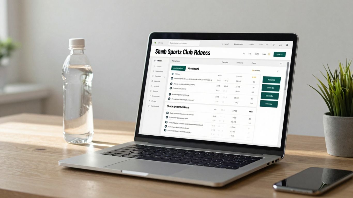 Sports club software interface on a laptop.