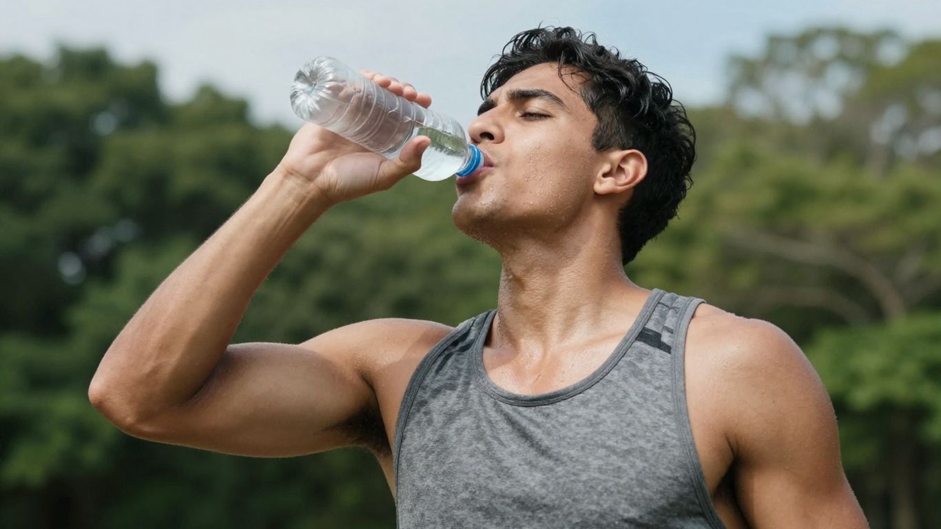 Persoană hidratându-se după efort fizic intens.
