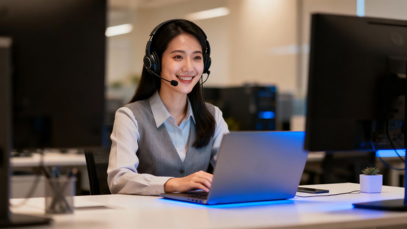IT helpdesk technician assisting a client with technology.