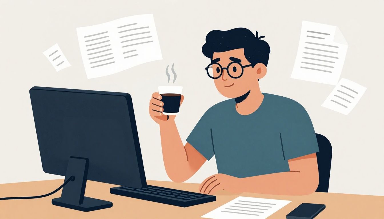 Capa ilustrativa de um redator publicitário trabalhando em um ambiente criativo, com computador, café, papéis e ideias pairando ao redor