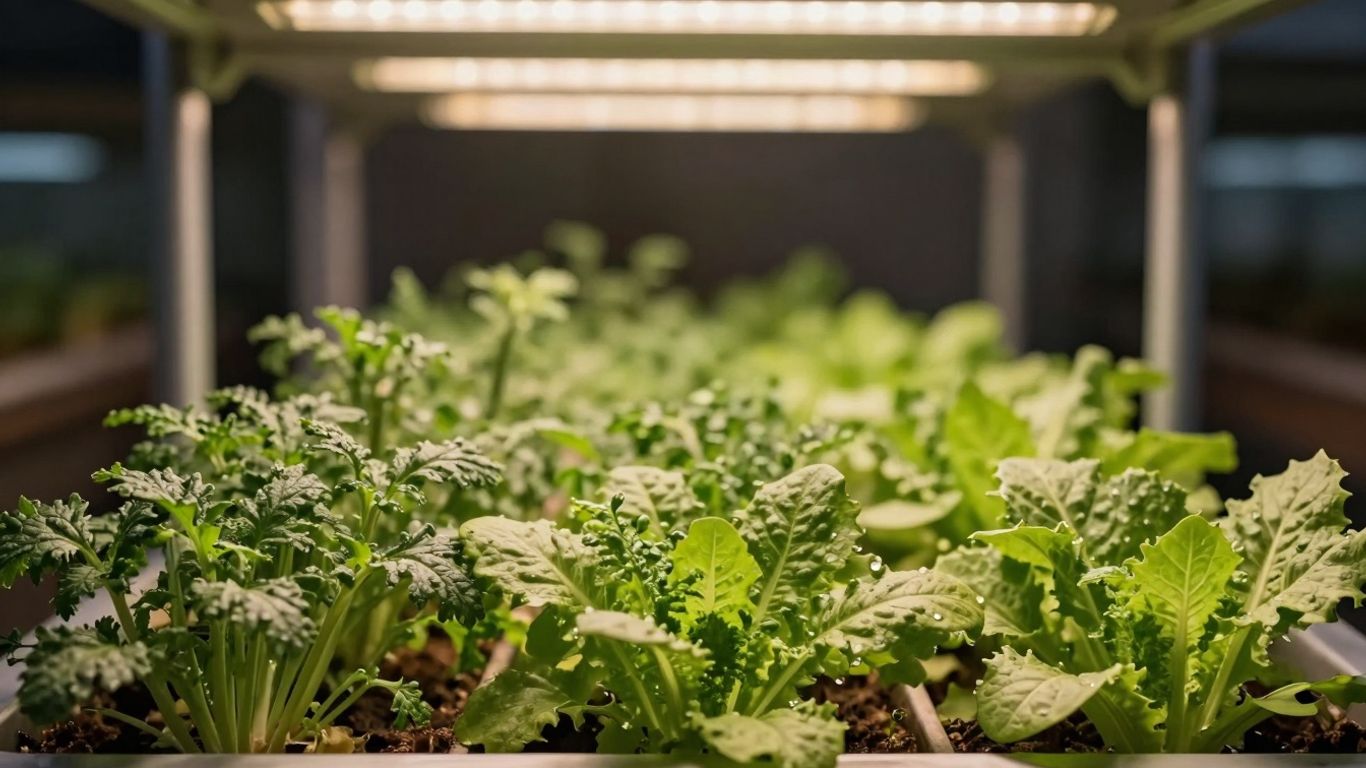 Urban gardener's winter plants under grow lights.
