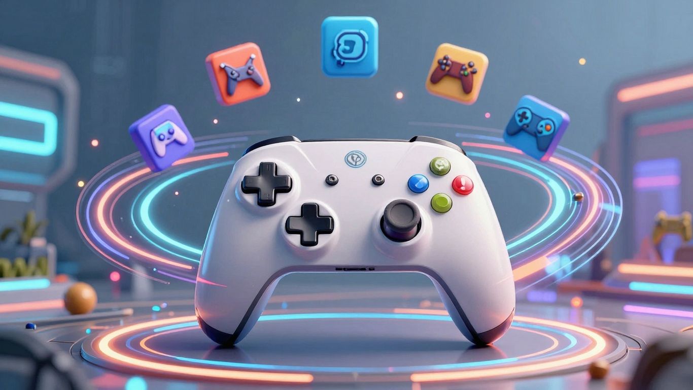 Futuristic gaming controller with neon lights and game icons.