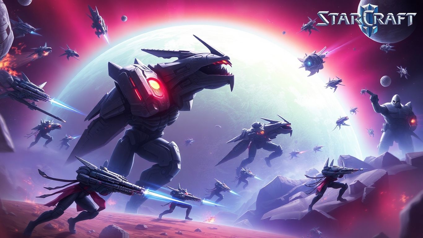 Starcraft 2 units battling on an alien planet.