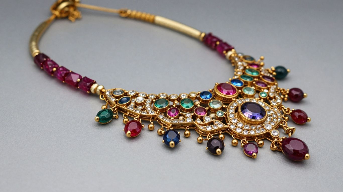 Close-up of a traditional Kundan necklace with gemstones.