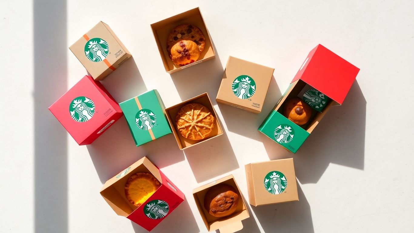 กล่องขนมสตาร์บัคส์หลากหลายแบบวางเรียงกัน