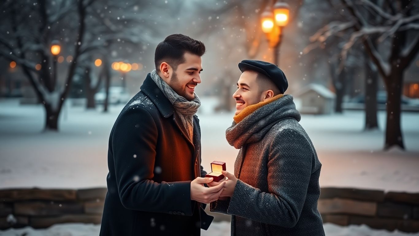 Couple's winter proposal in a snowy park.