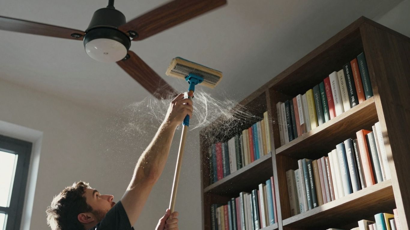 Cleaning high dust from ceiling fan and bookshelf.