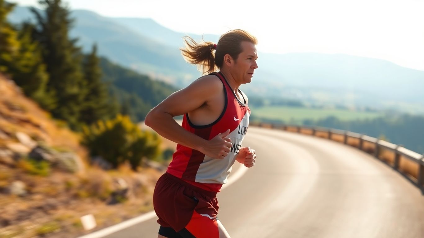 Runner's determined stride on a scenic road.