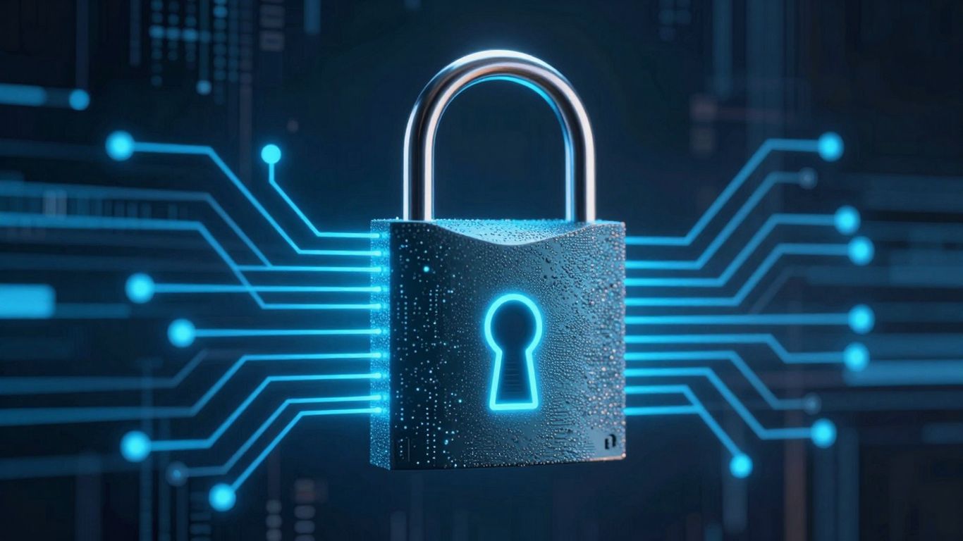 Digital padlock on circuit board, cyber security concept.