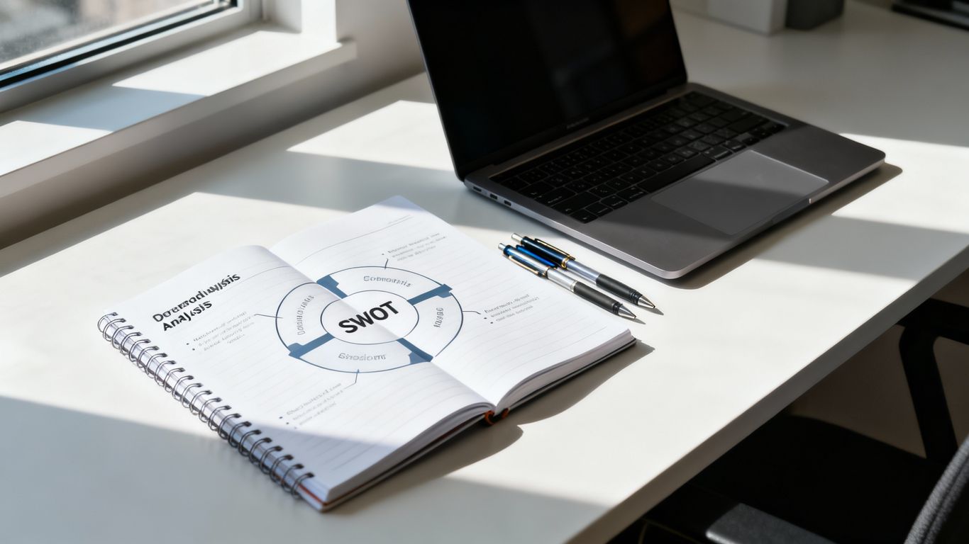 SWOT analysis diagram on a notebook.