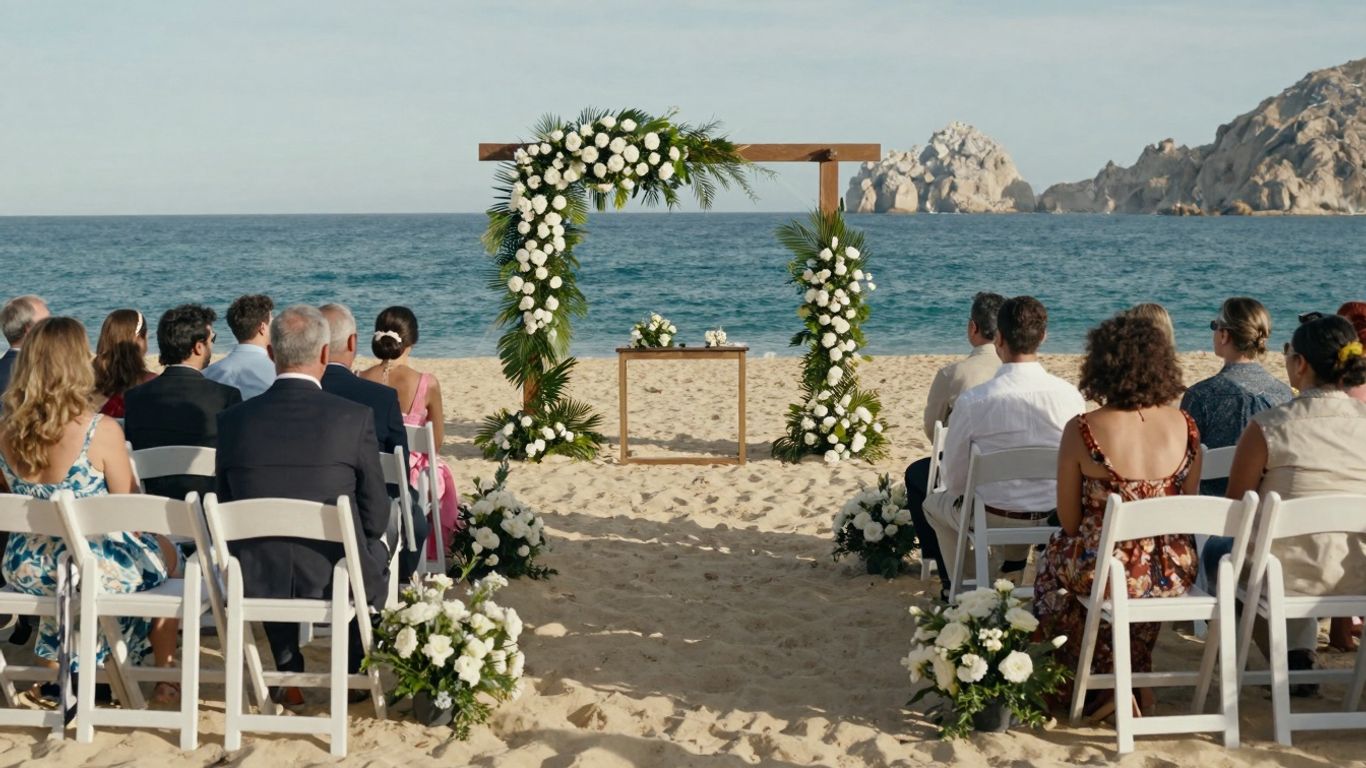 Cabo wedding ceremony on a beach with floral arch.