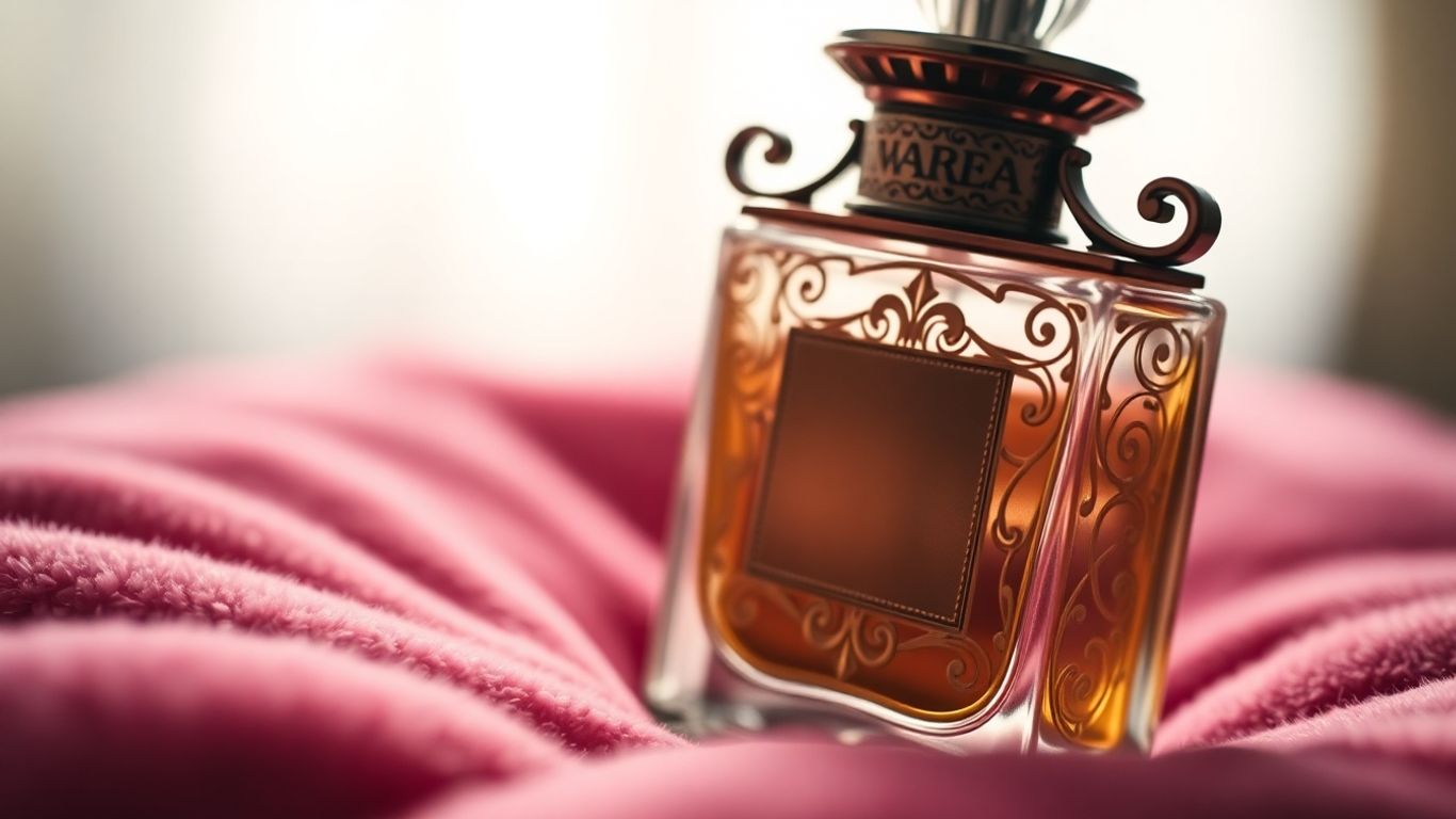 Ornate perfume bottle on velvet, close-up shot.